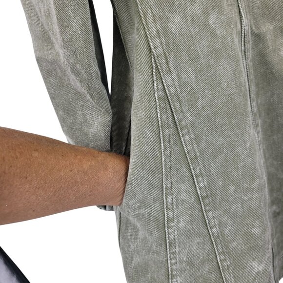 Army Green Washed Denim Button Front Mini Dress Sz S Puff Military Gorpcore - Picture 7 of 15